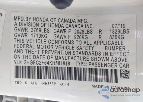 2019 Honda Civic Lx from USA, damaged, VIN 2HGFC2F64KH581818